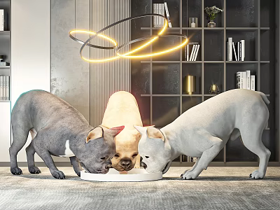 Three Dogs Eating Together From Bowl With Bookshelves And Warm Lighting 3d model