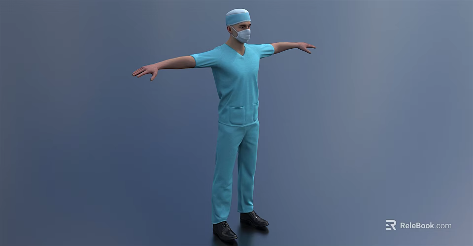 Man in Blue Scrubs with Surgical Mask and Cap Standing with Arms Outstretched 3d model