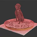 Black dog with red collar sits on round platform with gear patterns and orange edge