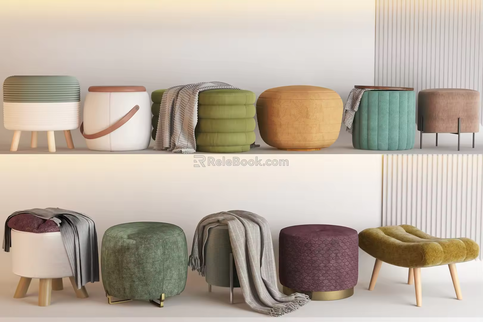 Modern Sofa Low Stool Combination Sofa Stool Shoe Changing Stool Makeup Stool Fabric Sofa Stool Soft Stool Foot Sofa Pier Storage Stool Blanket 3d model