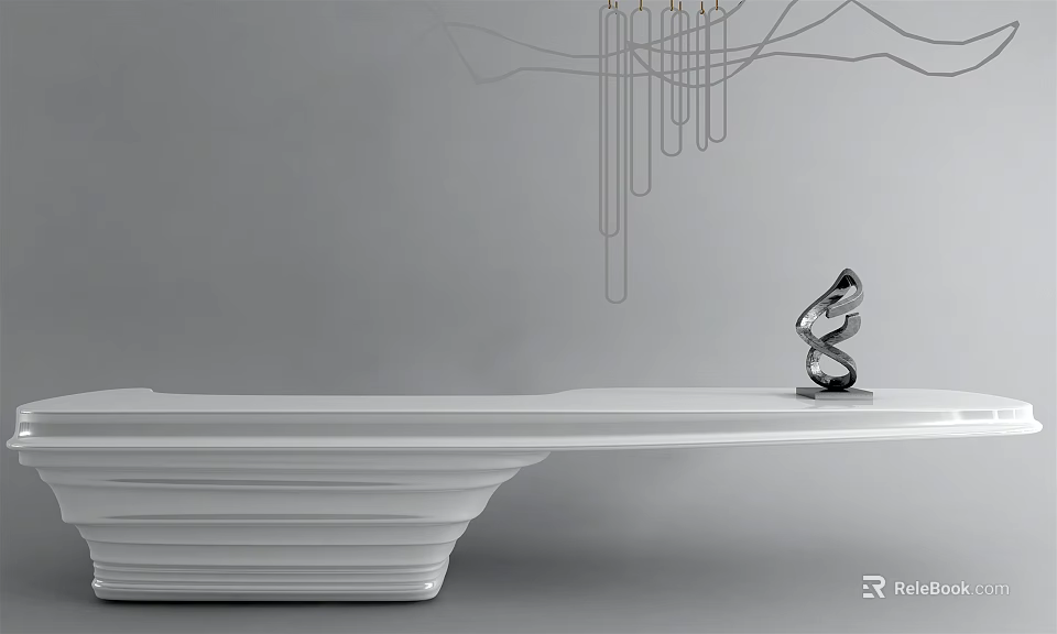 Modern White Reception Desk Featuring Curved Design With Sculpture Decor And Pendant Lights 3d model 