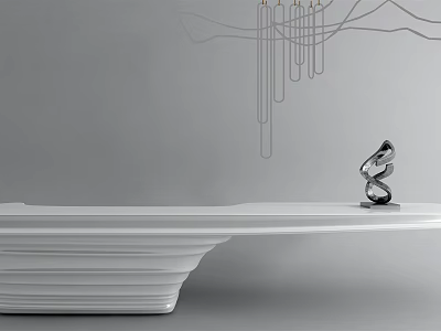 Modern White Reception Desk Featuring Curved Design With Sculpture Decor And Pendant Lights 3d model