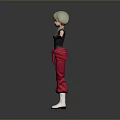 Woman With Gray Short Hair Black Gloves Red Loose Pants White Boots Arms Outstretched