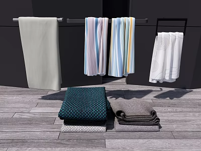 Colorful Striped and Plain Towels Hanging on Racks and Folded on Wooden Floor 3d model