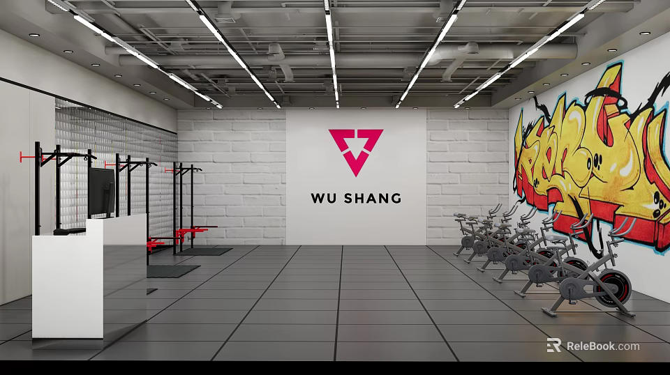 Modern Gym Interior With Wu Shang Logo Fitness Equipment And Graffiti Wall 3d model 