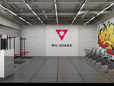 Modern Gym Interior With Wu Shang Logo Fitness Equipment And Graffiti Wall 3d model