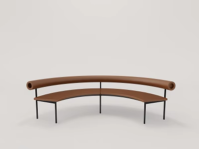 Modern Curved Leisure Chair With Brown Leather Seat Cylindrical Armrests And Black Metal Legs 3d model