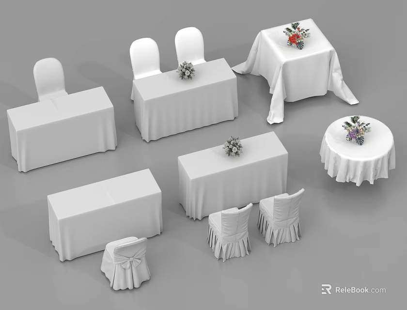 Functional Tables For Event Setup With Rectangular And Round Shapes And Flower Arrangements 3d model