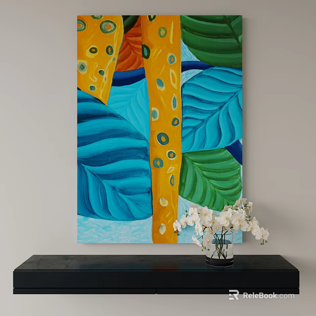 Abstract Painting On Wall With Vibrant Colors And Leaf Patterns 3d model
