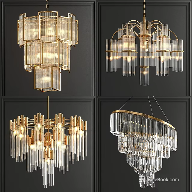 Elegant Contemporary Crystal Chandeliers With Gold Frames Tiered Design And Hanging Glass Cylinders 3d model 