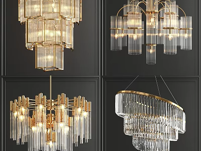 Elegant Contemporary Crystal Chandeliers With Gold Frames Tiered Design And Hanging Glass Cylinders 3d model