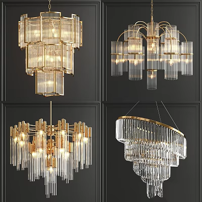 Elegant Contemporary Crystal Chandeliers With Gold Frames Tiered Design And Hanging Glass Cylinders 3d model