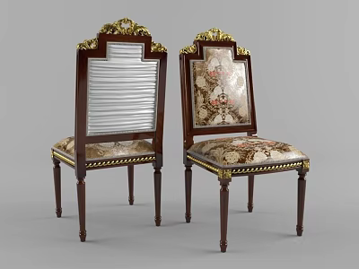 Elegant Classic Dining Chairs With Dark Wooden Frame Gold Accents And Patterned Upholstery 3d model