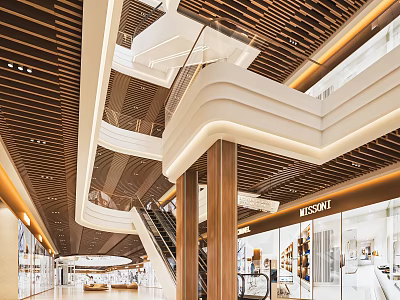 Modern Shopping Mall Atrium Interior Design With Wooden Ceiling Escalators And Brand Stores 3d model