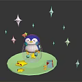 Cute Blue Head Penguin Figure With Yellow Feet On Green Base And Stars
