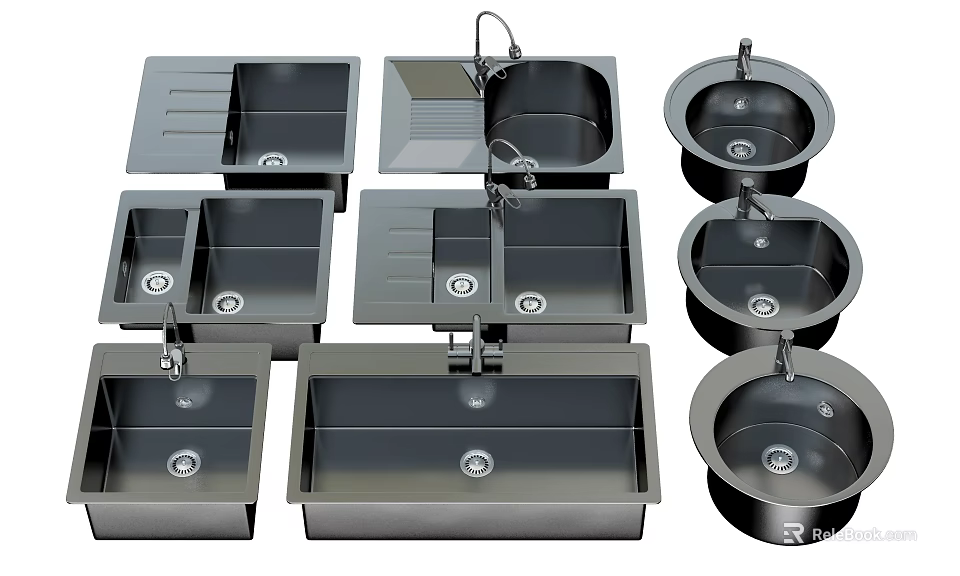 Stainless Steel Kitchen Sinks With Various Designs Including Square And Round Shapes 3d model 