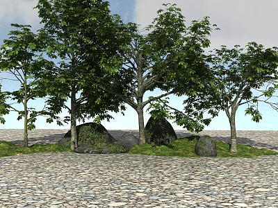 Lush Trees with Green Leaves Rocks and Grass on Pebble Ground 3d model