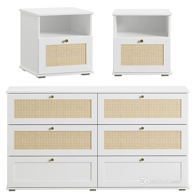 White Entryway Cabinet Sideboard With Woven Rattan Drawers And Brass Storage Knobs 3d model