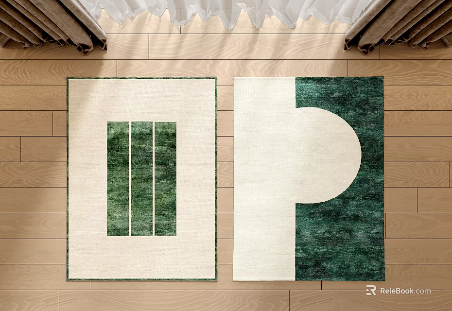 Square Rugs With White Base Green Stripes And Circular Pattern Design 3d model