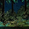 Night Jungle Scene With Tall Trees Lush Green Vegetation Soft Lighting And White Flowers