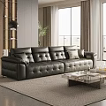 Luxury Black Leather Sectional Sofa With Tufted Design In Living Room With Marble Coffee Table