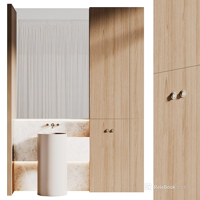 Modern Bathroom Washbasin Vanity With Light Wood Cabinets And Frameless Mirror Design 3d model 