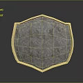Shield Shaped Metallic Sculpture With Intricate Radiant Pattern And Golden Edge