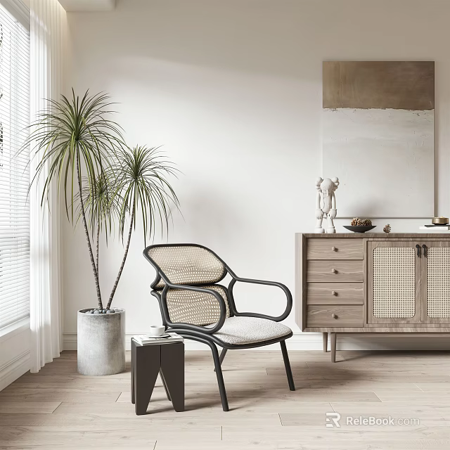 Rattan Accent Chair with Black Frame in Cozy Interior with Green Plant and Wooden Cabinet 3d model 