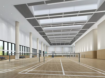 Spacious Modern Basketball Gymnasium Interior With Wooden Floor White Lines Large Windows And Bright Lighting 3d model
