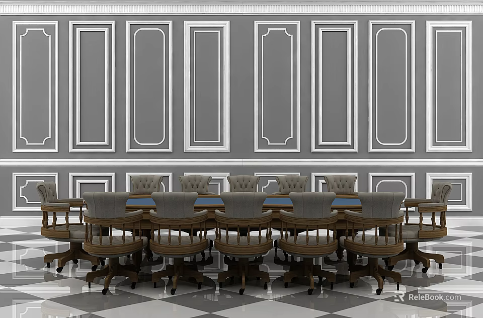 Wooden Conference Table With Leather Chairs And Decorative Wall Panels In Meeting Room 3d model 