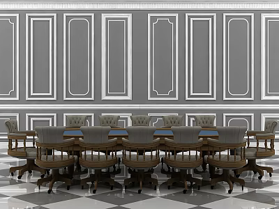 Wooden Conference Table With Leather Chairs And Decorative Wall Panels In Meeting Room 3d model