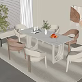 Modern Dining Table Set with Beige Brown Chairs Green Plant Fruit Bowl and Wall Art