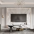 Elegant Dining and Living Room Interior With Crystal Chandelier Dining Table Chairs and Marble Floor