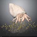 White Shell Like Structure With Extending Tentacles And Scattered Yellow Particles