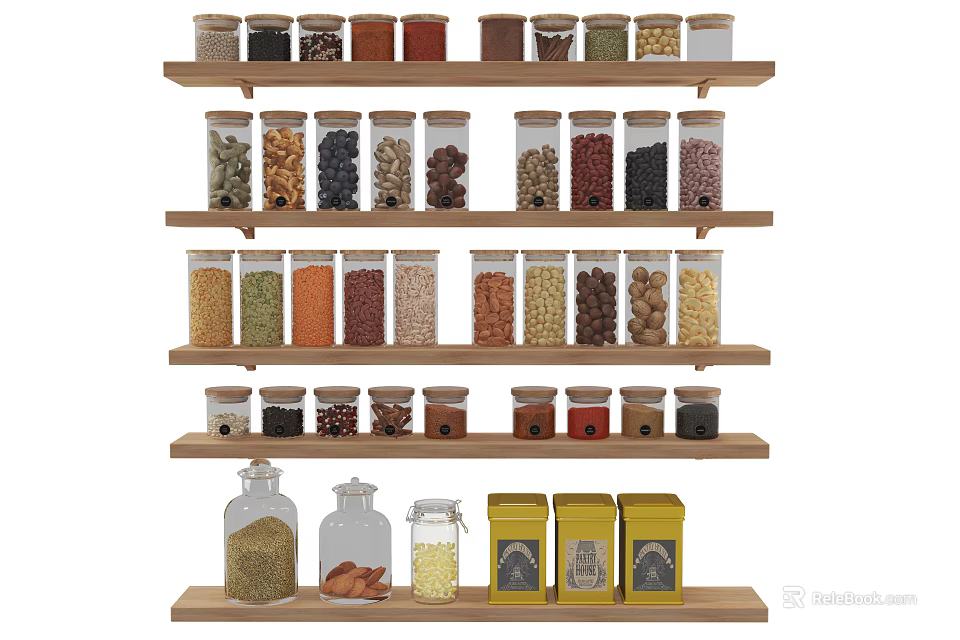 Various Spice Jars On Multiple Wooden Shelves For Organized Kitchen Storage 3d model 