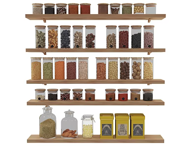Various Spice Jars On Multiple Wooden Shelves For Organized Kitchen Storage 3d model
