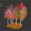 Vibrant Red Leaf Trees With White Trunks On Yellow Ground And Fallen Leaves