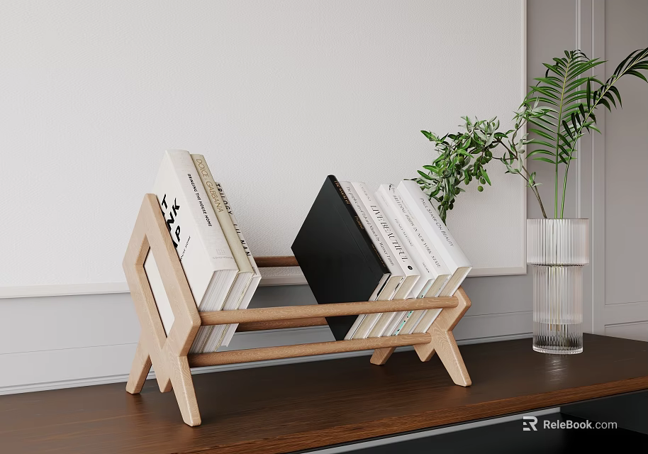 Minimalist Wooden Bookshelf With Stacked Books And Green Plant In Transparent Vase 3d model 