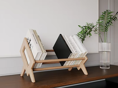 Minimalist Wooden Bookshelf With Stacked Books And Green Plant In Transparent Vase 3d model