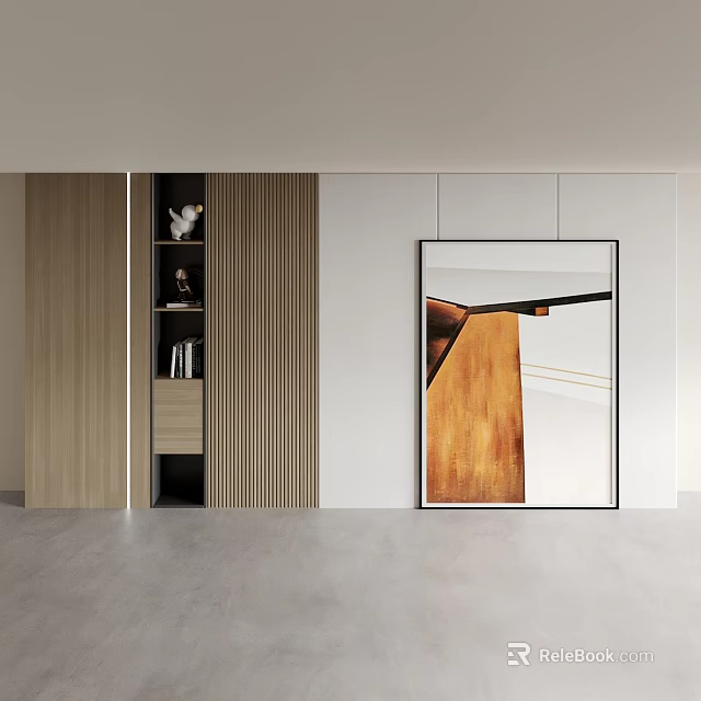 Modern Sofa Background Wall Interior Design With Wooden Panels Artwork And Shelf 3d model 