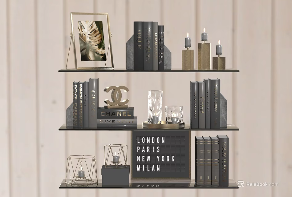 Decorative Ornament Set with Photo Frame Candle Holders Books CHANEL Box Crystal and Geometric Decor 3d model 
