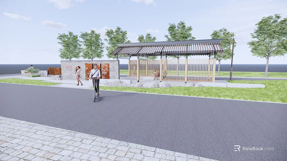 Scenic Pavilion Station With Wooden Canopy Green Trees And Pedestrians Near Road 3d model 