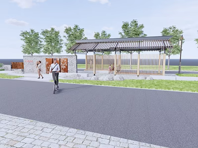 Scenic Pavilion Station With Wooden Canopy Green Trees And Pedestrians Near Road 3d model
