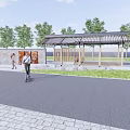 Scenic Pavilion Station With Wooden Canopy Green Trees And Pedestrians Near Road
