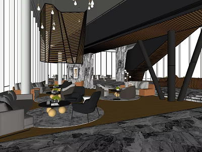 Modern Lounge Area Interior Design With Comfortable Sofas Chairs Coffee Tables And Pendant Lights 3d model