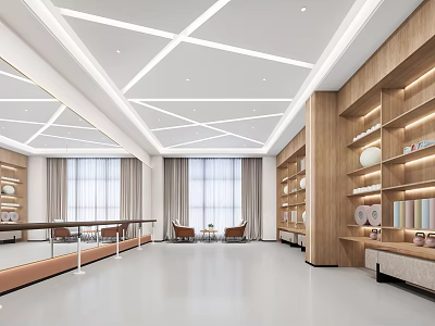 Modern Fitness Studio With Spacious Training Area Mirror Walls And Wooden Shelves 3d model