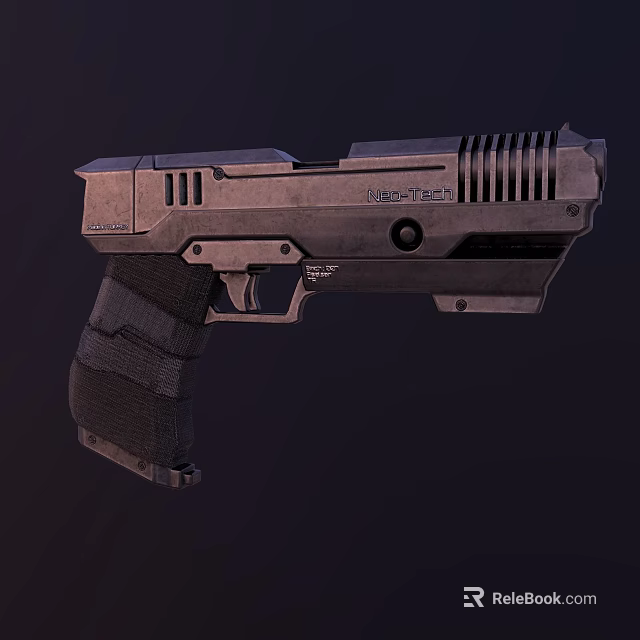 Modern Futuristic Weapon Pistol with Metallic Body and Textured Grip Design Featuring WeaponTech Branding Elements 3d model 