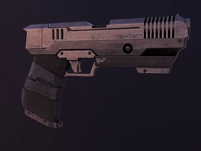 Modern Futuristic Weapon Pistol with Metallic Body and Textured Grip Design Featuring WeaponTech Branding Elements 3d model