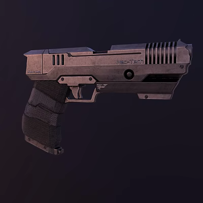 Modern Futuristic Weapon Pistol with Metallic Body and Textured Grip Design Featuring WeaponTech Branding Elements 3d model