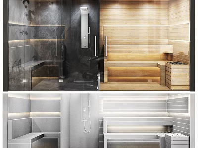 Modern Shower Sauna Interior Design With Wooden Benches Metal Fixtures And Marble Accents 3d model